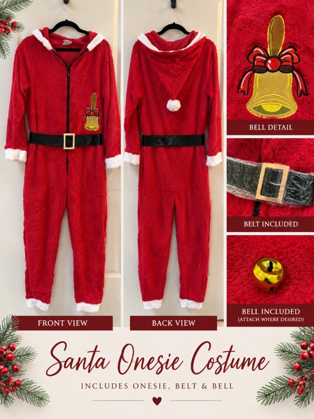 Giggling Get Up Women’s Santa Hoodie Onesie Small Belt Christmas NWOT